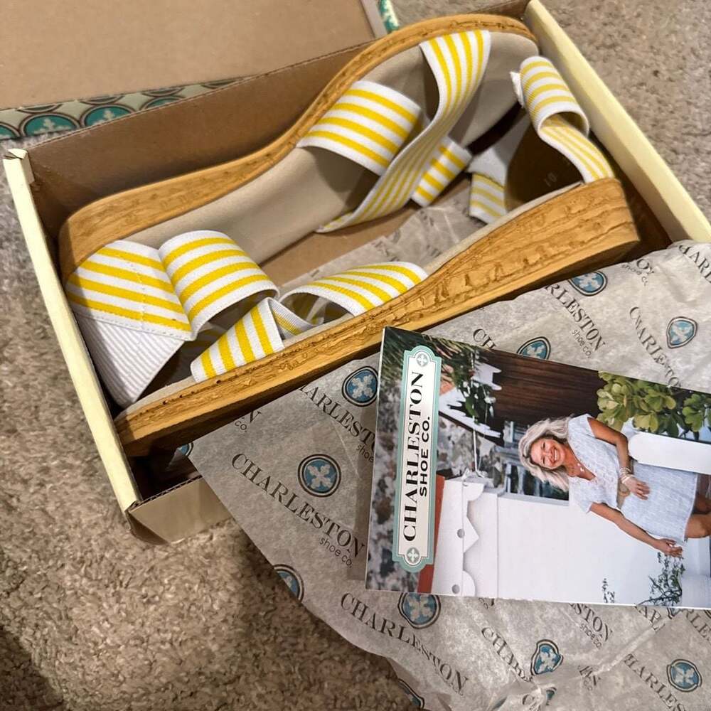 Charleston Shoe Co. Peachtree Yellow and White Striped Wedge Sandal 10